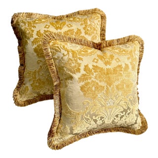 Ultra Luxe Old World Weavers Cut Velvet 22" Pillows in Yellow-Gold - a Pair For Sale