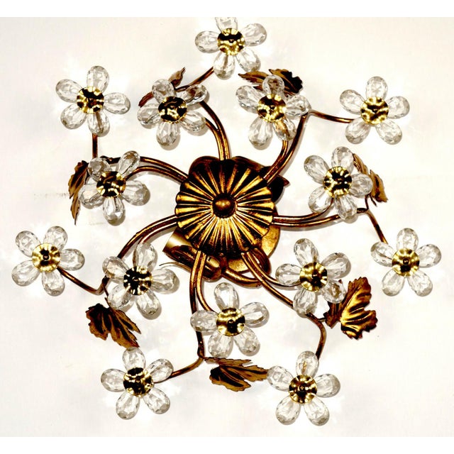 Metal Italian Gold Leaf-Plated Metal and Crystal 2-Light Ceiling Light, 1960s For Sale - Image 7 of 7