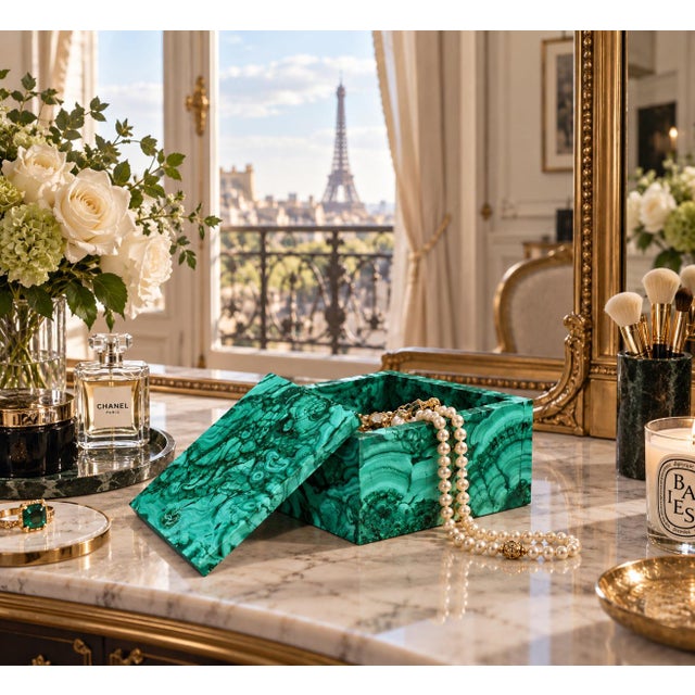 Italian Malachite Box Thorns and Roses Italian Made Gemstone Box For Sale - Image 3 of 15