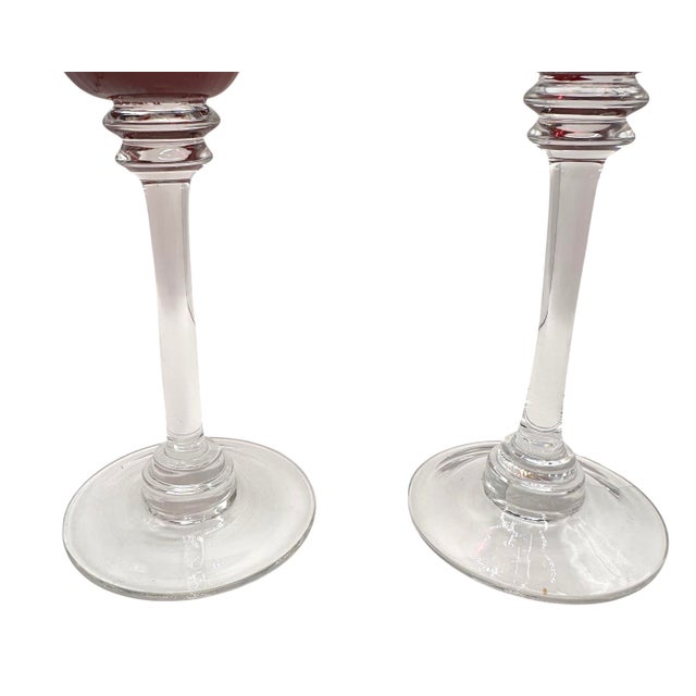 Vintage Elegant Ruby Red Fluted Wine Goblets With Crystal Clear Stems - A Pair For Sale - Image 4 of 12