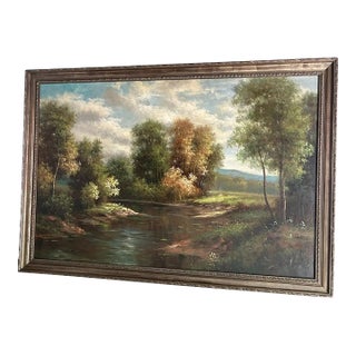 Signed Large Framed Oil Painting on Canvas of Peaceful Landscape 79" For Sale