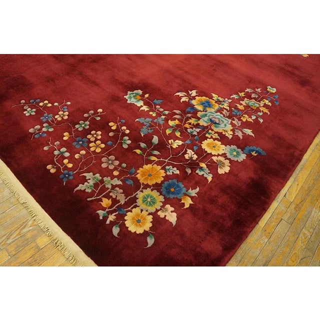 1930s Deep Red Floral Antique Chinese Art Deco Rug 8'9" X 11'4" Knotted Wool Carpet For Sale - Image 9 of 9