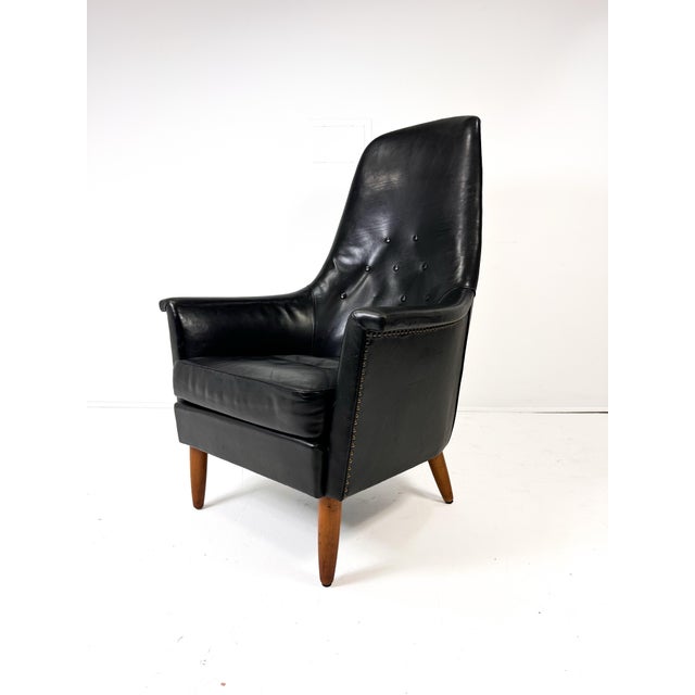 Black Mid-Century Scandinavian Modern Black Leather High-Back Lounge Chair For Sale - Image 8 of 8