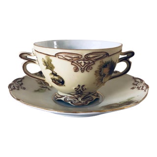 Antique Art Nouveau Silesia "Old Ivory" Pattern Bouillon Cup & Saucer Set- 2 Pieces For Sale