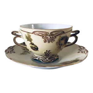 Antique Art Nouveau Silesia "Old Ivory" Pattern Bouillon Cup & Saucer Set- 2 Pieces