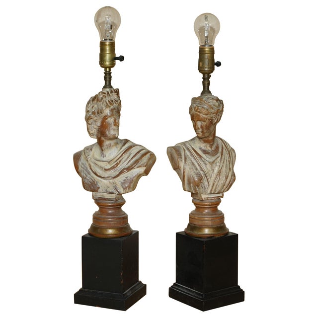French Neoclassical Bust Lamps in Carved & Limed Oak, Set of 2 For Sale - Image 18 of 18