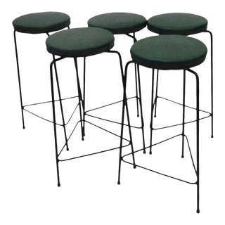 Set of Five Arthur Umanoff Three-Legged Wrought Iron Swivel Bar Stools For Sale