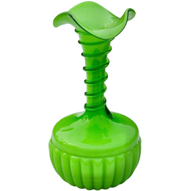Mid 20th Century Handcrafted & Ruffled Green Art-Glass Vase For Sale - Image 4 of 8