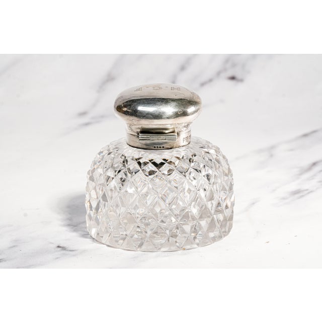 Nice Large Mappin & Webb Antique Sterling Silver Cut Crystal Hobnail Inkwell English Edwardian Desk Home Decor For Sale - Image 11 of 16