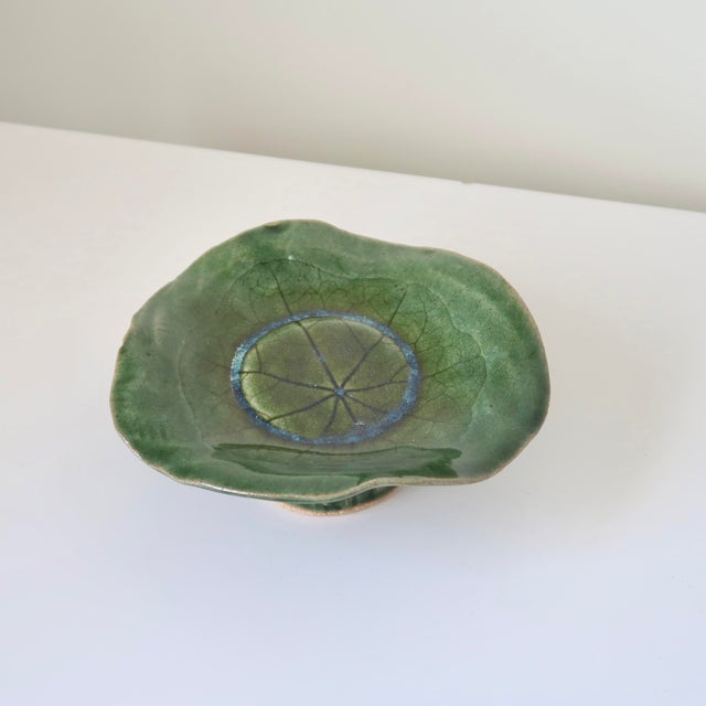 Handmade Ethereal Botanical Studio Pottery Pedestal Compote Catchall Bowl With Leaf Motif For Sale - Image 4 of 14
