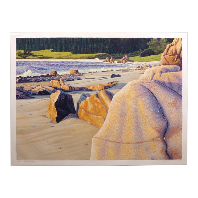 Gordon Mortensen "Rocks, Sand and Sea" Signed Numbered Woodcut Beach Ocean Art For Sale
