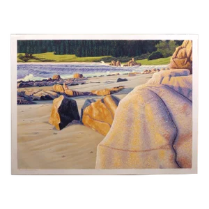 Gordon Mortensen "Rocks, Sand and Sea" Signed Numbered Woodcut Beach Ocean Art