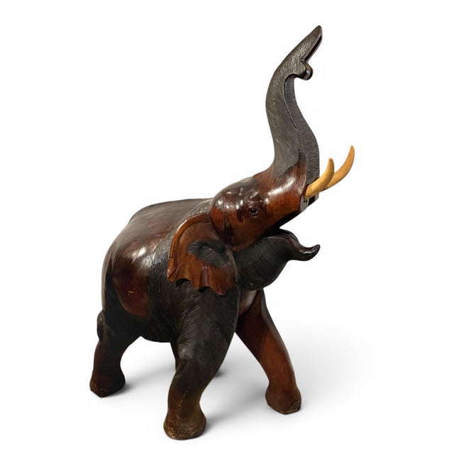 Vintage Free Standing 5-Foot Balinese Carved Wood Elephant.