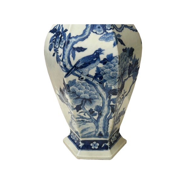 Vintage Chinese Blue White Hexagonal Flower Bird Porcelain Vase For Sale - Image 9 of 15