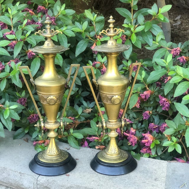 Metal Late 19th Century Etruscan Bronze Doré Antique Urns on Marble Bases - a Pair For Sale - Image 7 of 10