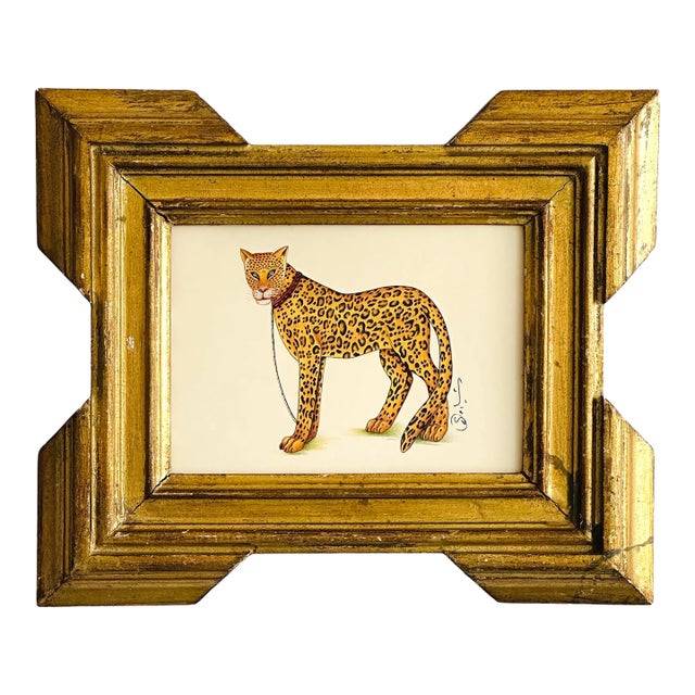 Original Hand-Painted Leopard Painting in an Italian Antique Frame For Sale