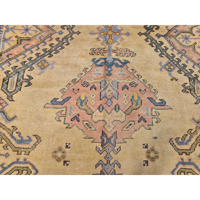 Vintage Turkish Oushak Rug, Geometric Pattern, Pale Yellow & Pink, 7' X 12' For Sale - Image 18 of 18