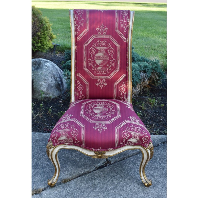 Vintage (1970's) Small Boudoir/Slipper Chair has a French Rococo Style. The Frame is Wood. Antique White and Gold Giltwood...