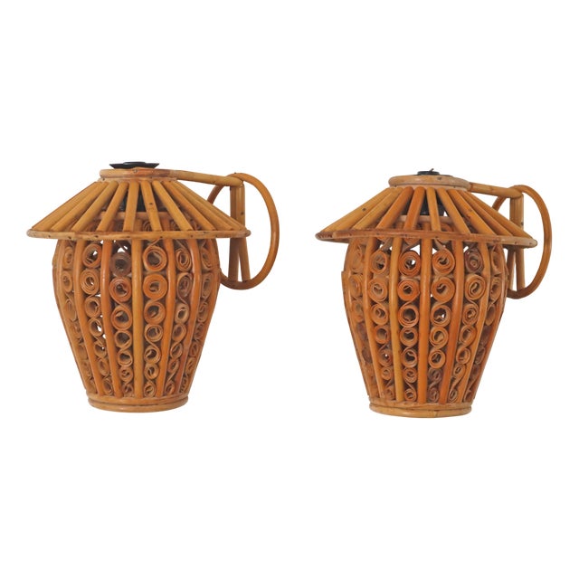 Bamboo Lantern Wall Lights, 1950s, Set of 2 For Sale