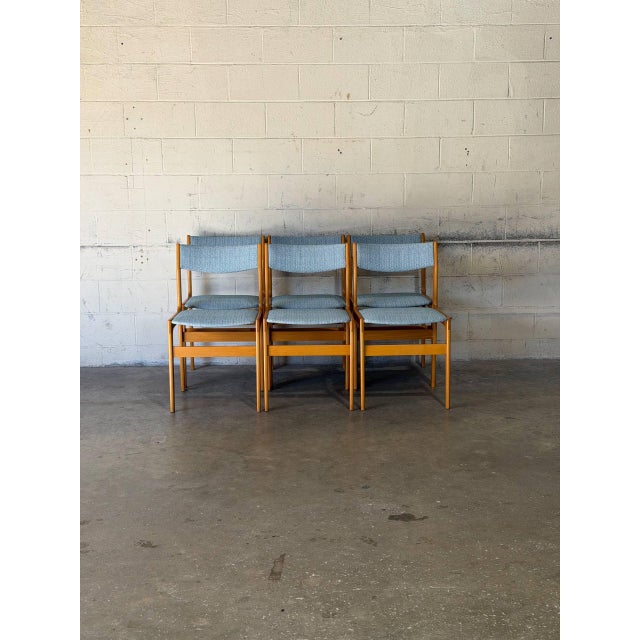 Mid 20th Century Wood Dining Chairs Set of 6 in Blue Fabric Newly Reupholstered Mid-Century Modern For Sale - Image 5 of 11