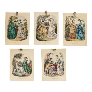 Lot of 5 Antique French Fashion Plates L La Mode Illustrée 1870s L Signed Anaïs Toudouze, Hand Colored Bustle Dresses, 9x12" Each For Sale