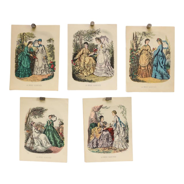 Lot of 5 Antique French Fashion Plates L La Mode Illustrée 1870s L Signed Anaïs Toudouze, Hand Colored Bustle Dresses, 9x12" Each For Sale