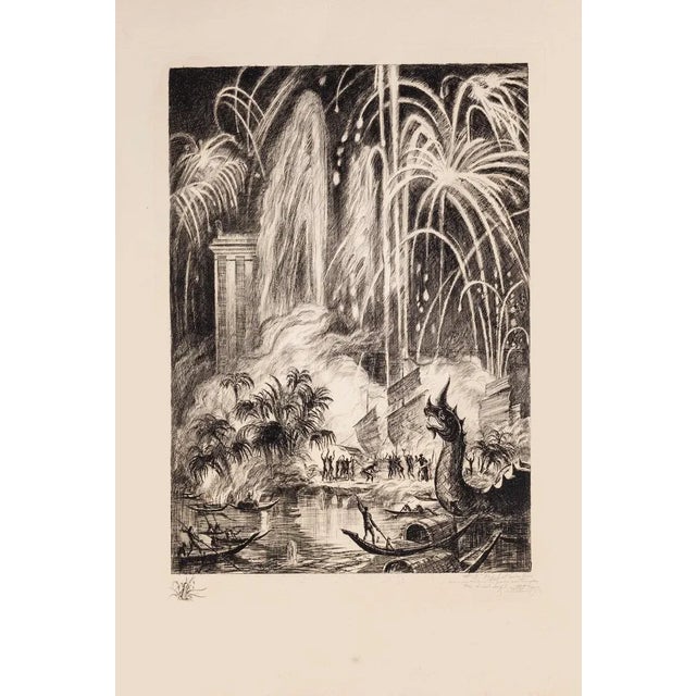 Oriental Feast - Fireworks is an original etching realized by Rene Cottet in 1937. Hand-signed and dated on the lower...