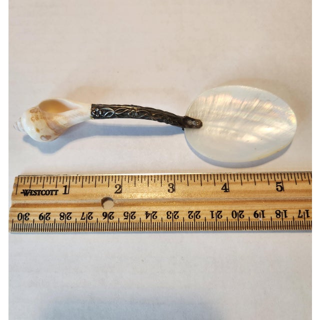 Alabaster Mid-20th Century Coastal Mother of Pearl & Whelk Shell Caviar Spoon - Ornate Handle For Sale - Image 8 of 8