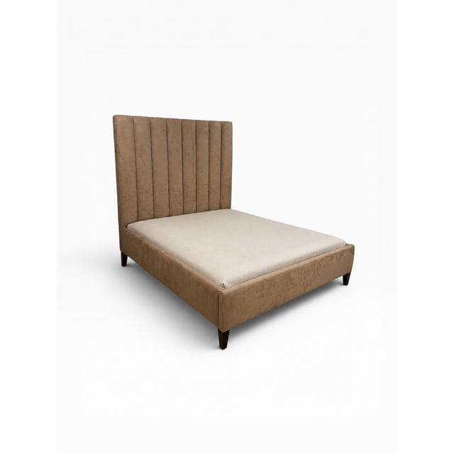 Modern Custom Microsuede Queen Bed Frame With Channel-Tufted Headboard For Sale - Image 3 of 9