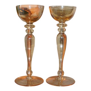 A Pair Amber Glass Stemmed Coupe Glasses. For Sale