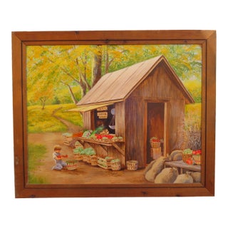 Vintage Oil on Mason Board of a Fruit Stand Scene With Small Child by Artist Miriam Ecker For Sale