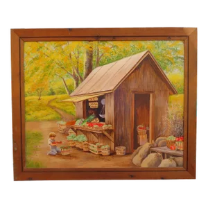 Vintage Oil on Mason Board of a Fruit Stand Scene With Small Child by Artist Miriam Ecker