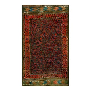 1880s Brown Blue Geometric Tribal Antique Persian Baluch Carpet 3'2" X 5'6" Woven Wool Rug For Sale