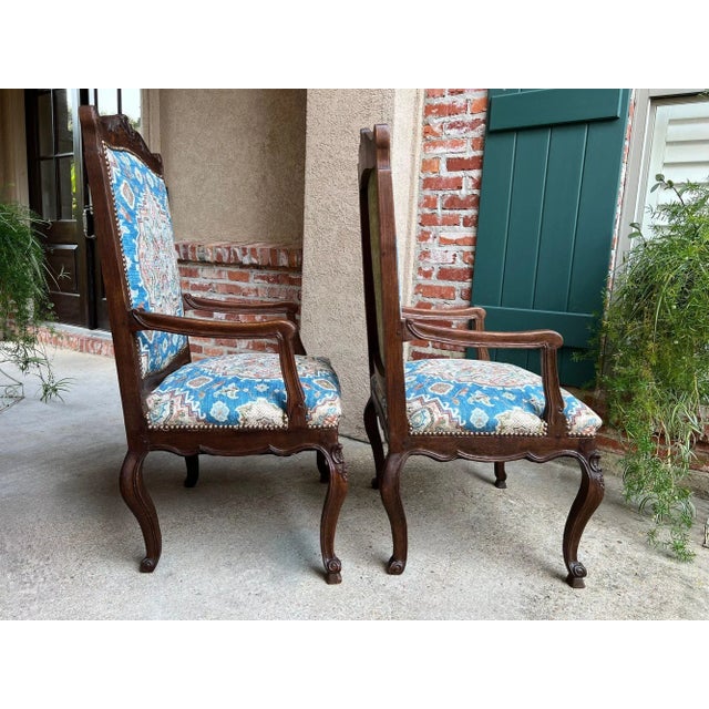 Wood Pair Antique French Dining Arm Chairs Louis XV Carved Oak Blue Persian Textile For Sale - Image 7 of 18