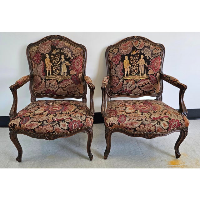 19th Century French Louis XV Style Mahogany and Needlepoint Tapestry Bergeres Fauteuils, Pair For Sale - Image 10 of 11