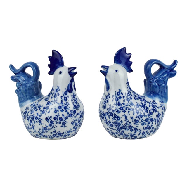 Vintage Chinoiserie Style Blue and White Porcelain Rooster Figurines With Floral Motif - 2 Pieces For Sale