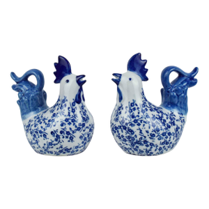 Vintage Chinoiserie Style Blue and White Porcelain Rooster Figurines With Floral Motif - 2 Pieces