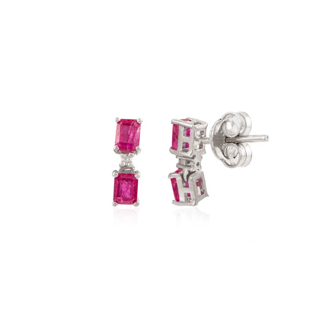 Art Deco Style Solid Silver Ruby & Diamond Drop Stud Earrings- 2 Pieces For Sale - Image 4 of 10