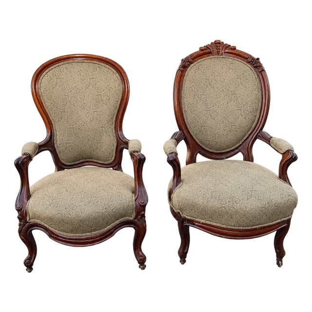 Coordinated Pair of Victorian-Style Carved Wood Parlor Armchairs For Sale