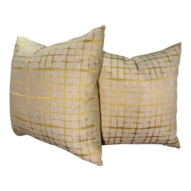 Gold and White Abstract Checked Decorative Pillows- A Pair For Sale