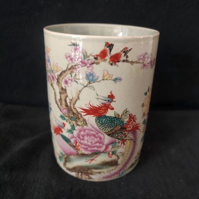 Chinese Ceramic Pot,Tongzhi Marked Famille Rose Porcelain Brush Pot Hand Painted Phoenix and Birds Pattern For Sale - Image 4 of 11