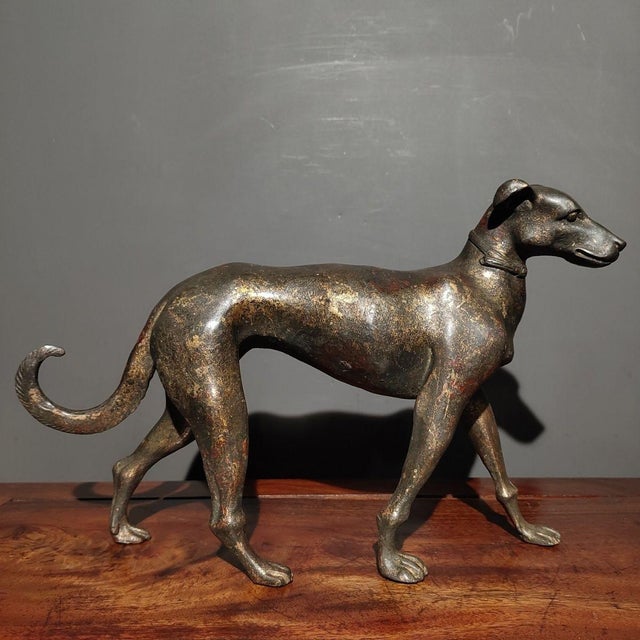 Traditional Early 20th Century Gilt Bronze Dog Figure – 7.9" Standing Hound Sculpture With Red Pigment For Sale - Image 3 of 9