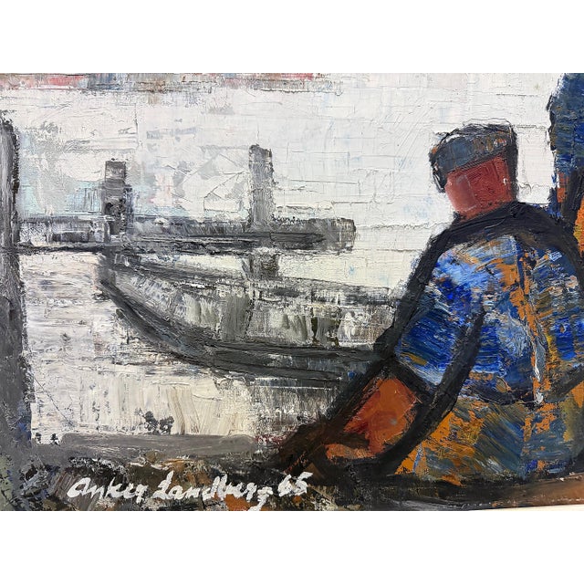 Mid-Century Modern Mid-Century Oil Painting by Danish Artist Anker Landberg, Titled "Fishermen" For Sale - Image 3 of 7
