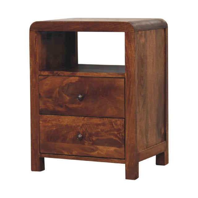 The Chestnut-Finish Mango Wood Curved Nightstand brings a refined balance of craftsmanship, character, and everyday...
