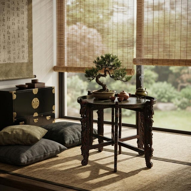 Asian Vintage Oval Curve Shape Folding Cross Brace Stand Side Table For Sale - Image 3 of 10