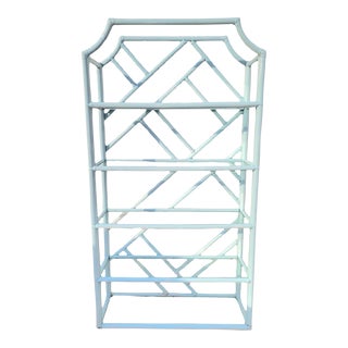 Vintage Large Chinese Chippendale Rattan Baby Blue Pagoda 5 Glass Shelf Etagere Shelving Unit For Sale