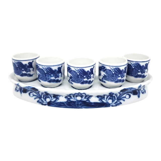 Vintage Vietnamese Blue & White Dragon & Yin-Yang Porcelain 5 Shot Glass Set With Matching Stand For Sale