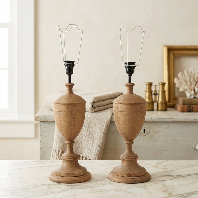 Vintage Natural Wood Urn Table Lamps, Turned Solid Oak / Ash Style - a Pair For Sale - Image 18 of 18