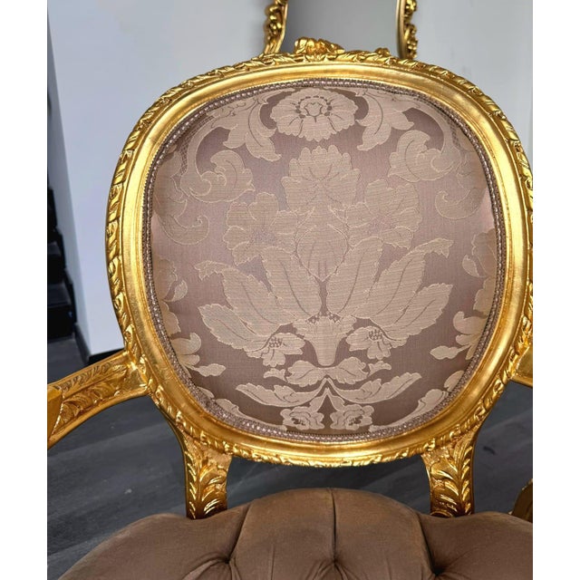 1990s French Style Light Brown Tan Velvet Chair Set With Gold Leaf Details For Sale In Miami - Image 6 of 9
