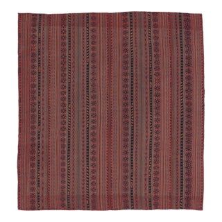 Vintage Persian Tribal Square Kilim, Red & Teal Geometric Stripes - Rug & Kilim For Sale